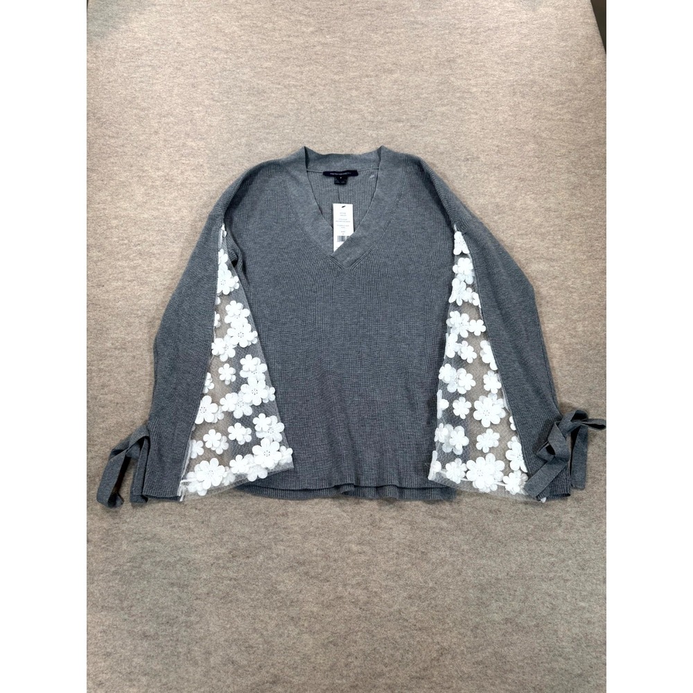 French Connection Caballo Lace Knit Sweater Womens Small Gray V-Neck 78KNP NEW